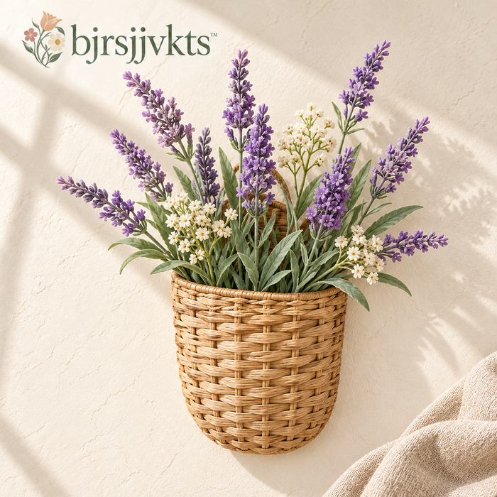 bjrsjjvkts™ Lavender Letter Artificial Lavender Wall Basket, Purple Faux Flowers in Woven Hanging Pocket, Indoor Entryway & Kitchen Decor