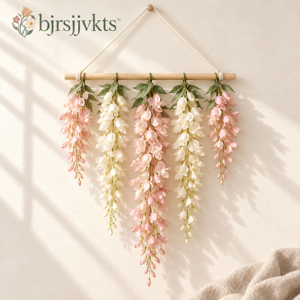 bjrsjjvkts™ Blush Cascade Artificial Wisteria Wall Hanging, Pink & Ivory Trailing Faux Flowers on Wood Bar, Indoor Bedroom and Event Decor
