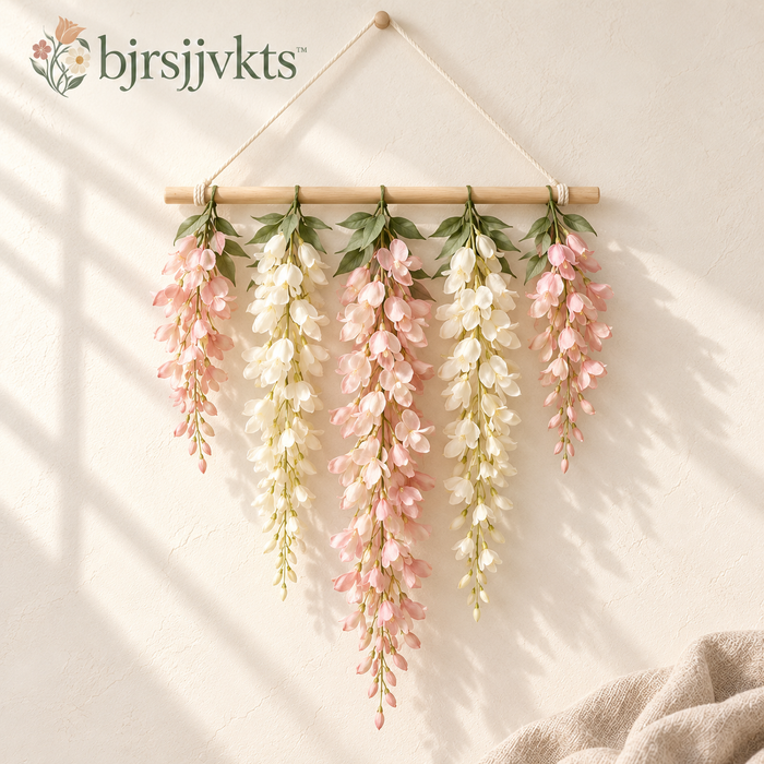bjrsjjvkts™ Blush Cascade Artificial Wisteria Wall Hanging, Pink & Ivory Trailing Faux Flowers on Wood Bar, Indoor Bedroom and Event Decor