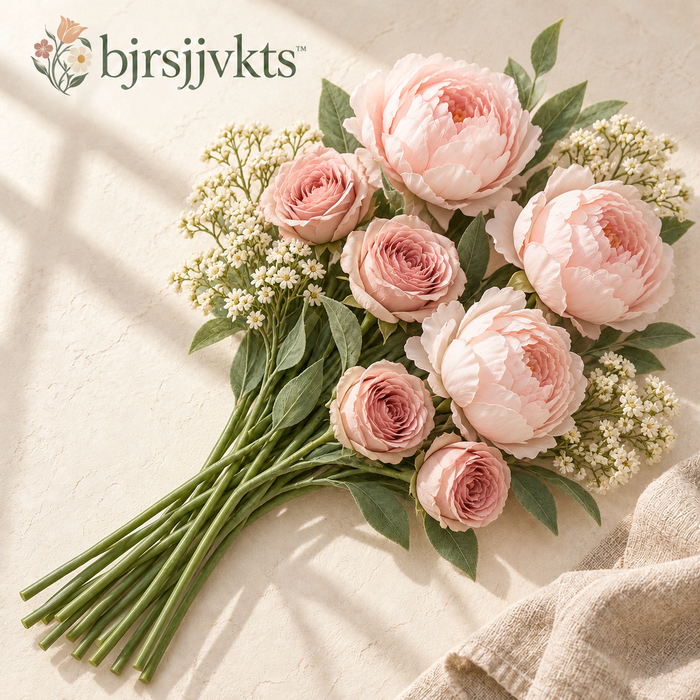 bjrsjjvkts™ Rosewater Garden Artificial Rose & Peony Bouquet, 12 Faux Floral and Greenery Stems, Blush Pink Cottage Table Decor