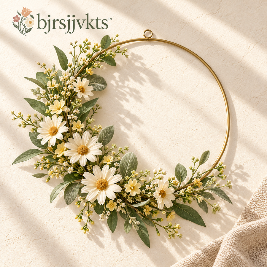 bjrsjjvkts™ Half-Moon Meadow Artificial Daisy Wreath, 20-Inch Asymmetrical Floral Hoop, Ivory Wildflowers & Sage Greenery Wall Decor