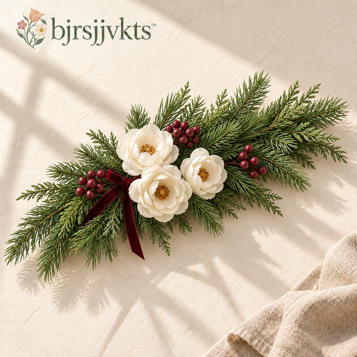 bjrsjjvkts™ Winter Still Artificial Camellia & Pine Swag, 26-Inch Ivory Floral Wall and Mantel Accent, Burgundy Winter Holiday Decor