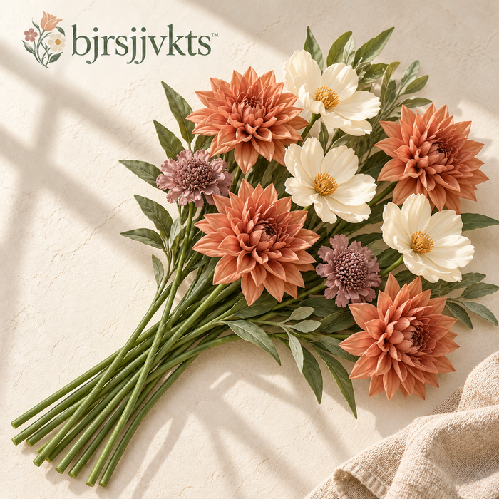 bjrsjjvkts™ Autumn Petal Artificial Dahlia & Cosmos Bouquet, 12 Terracotta, Cream and Mauve Faux Stems, Fall Vase and Entryway Decor