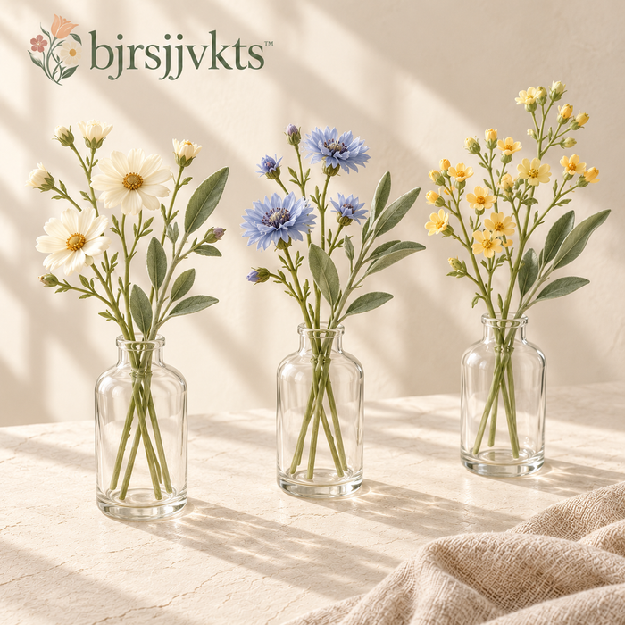 bjrsjjvkts™ Meadow Notes Artificial Wildflower Bud Vase Set, 3 Mini Faux Daisy and Cornflower Arrangements, Shelf & Dining Table Decor