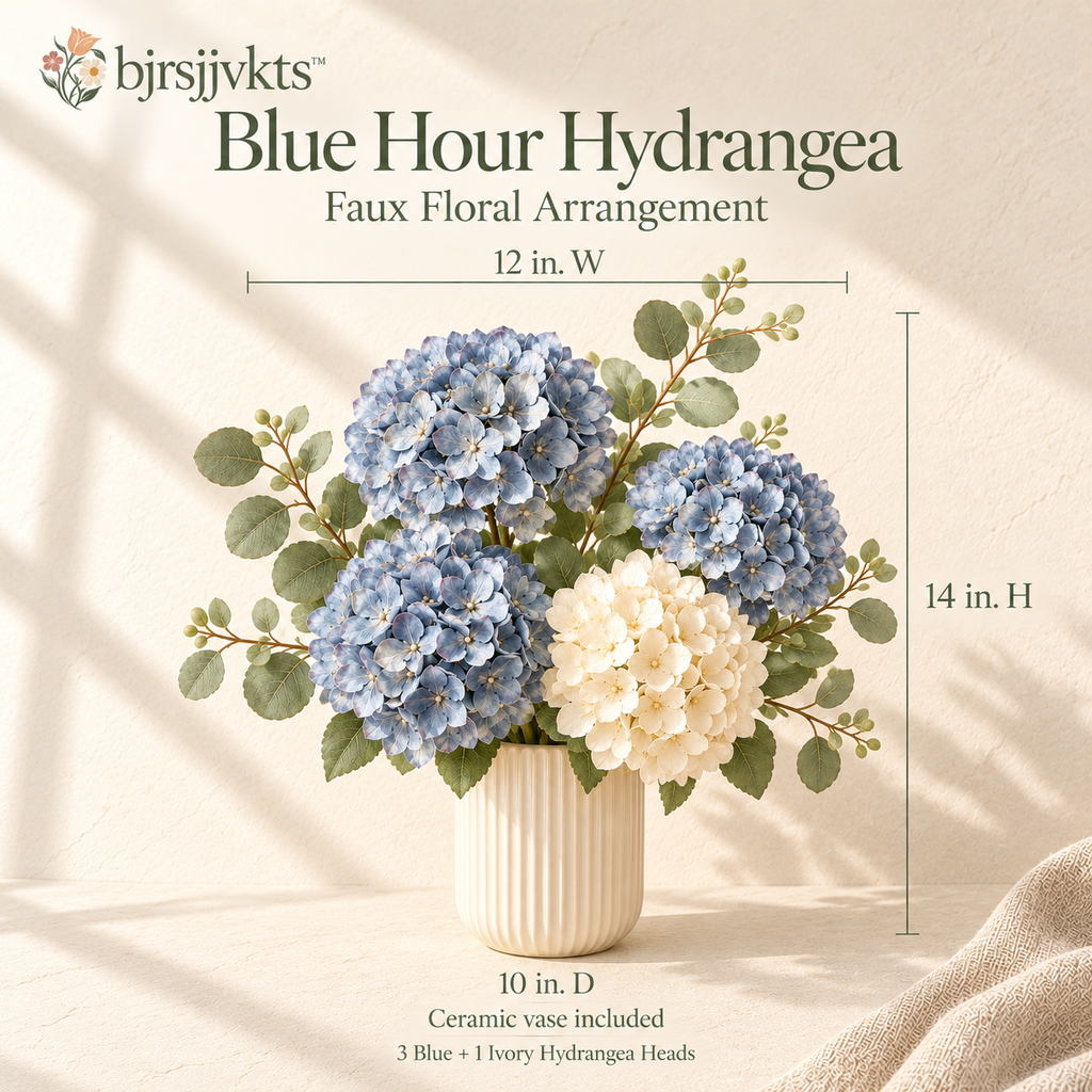 bjrsjjvkts™ Blue Hour Artificial Hydrangea Arrangement in Ceramic Vase, Dusty Blue & Ivory Faux Flowers, Indoor Coffee Table Centerpiece