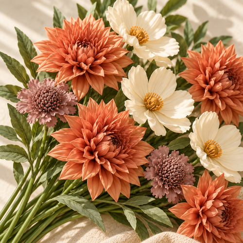 bjrsjjvkts™ Autumn Petal Artificial Dahlia & Cosmos Bouquet, 12 Terracotta, Cream and Mauve Faux Stems, Fall Vase and Entryway Decor