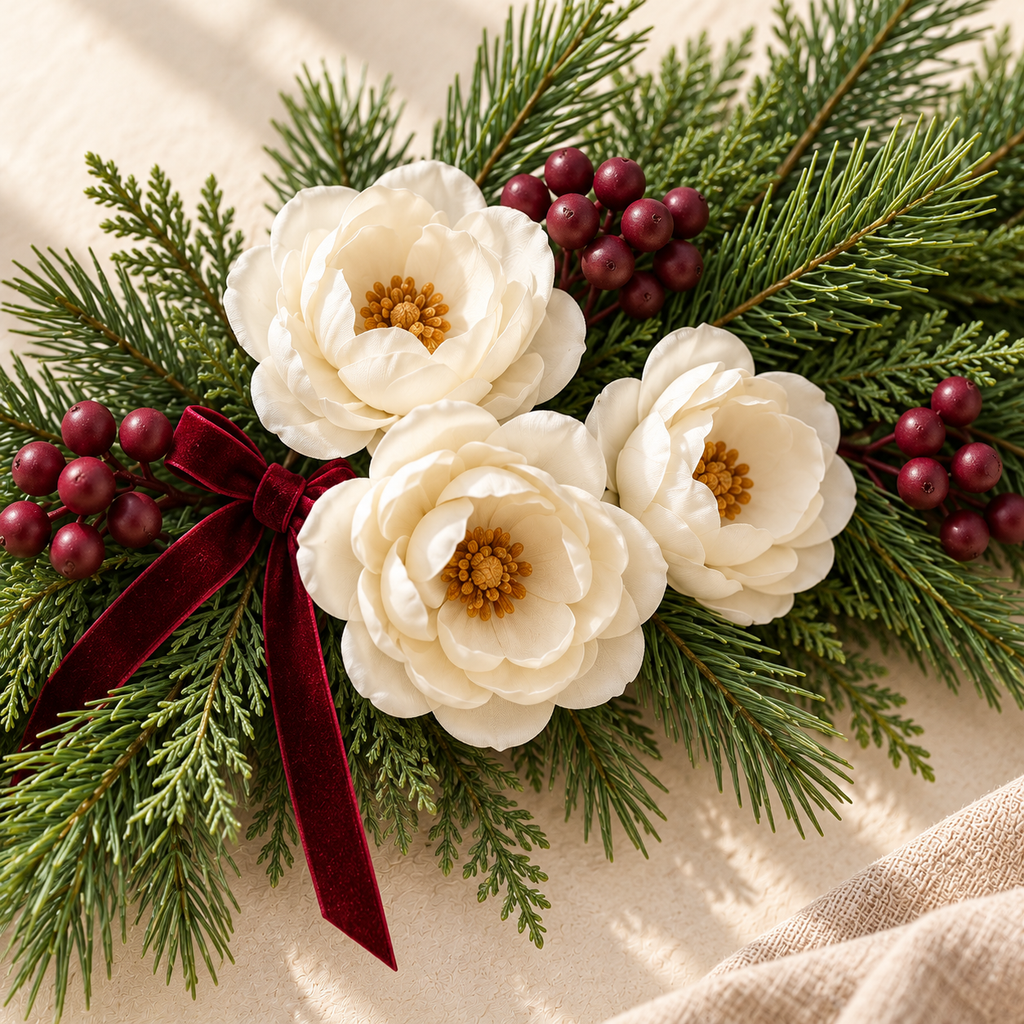 bjrsjjvkts™ Winter Still Artificial Camellia & Pine Swag, 26-Inch Ivory Floral Wall and Mantel Accent, Burgundy Winter Holiday Decor