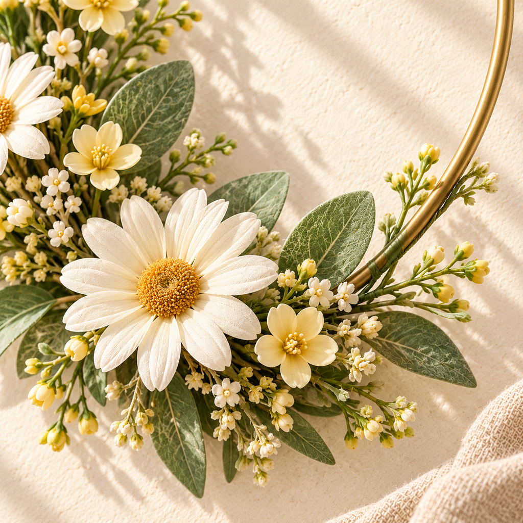 bjrsjjvkts™ Half-Moon Meadow Artificial Daisy Wreath, 20-Inch Asymmetrical Floral Hoop, Ivory Wildflowers & Sage Greenery Wall Decor