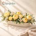 bjrsjjvkts™ Buttercup Table Artificial Ranunculus & Daisy Centerpiece, Yellow and Ivory Faux Flowers in Oval Planter, Dining Table Decor