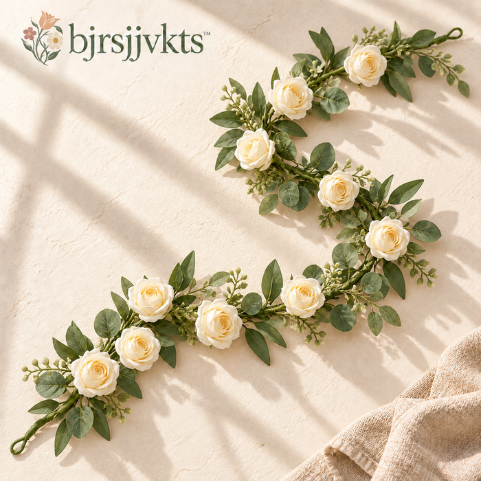 bjrsjjvkts™ Ivory Drift Artificial Rose & Eucalyptus Garland, 6-Foot Faux Floral Table Runner, Mantel and Indoor Event Decor