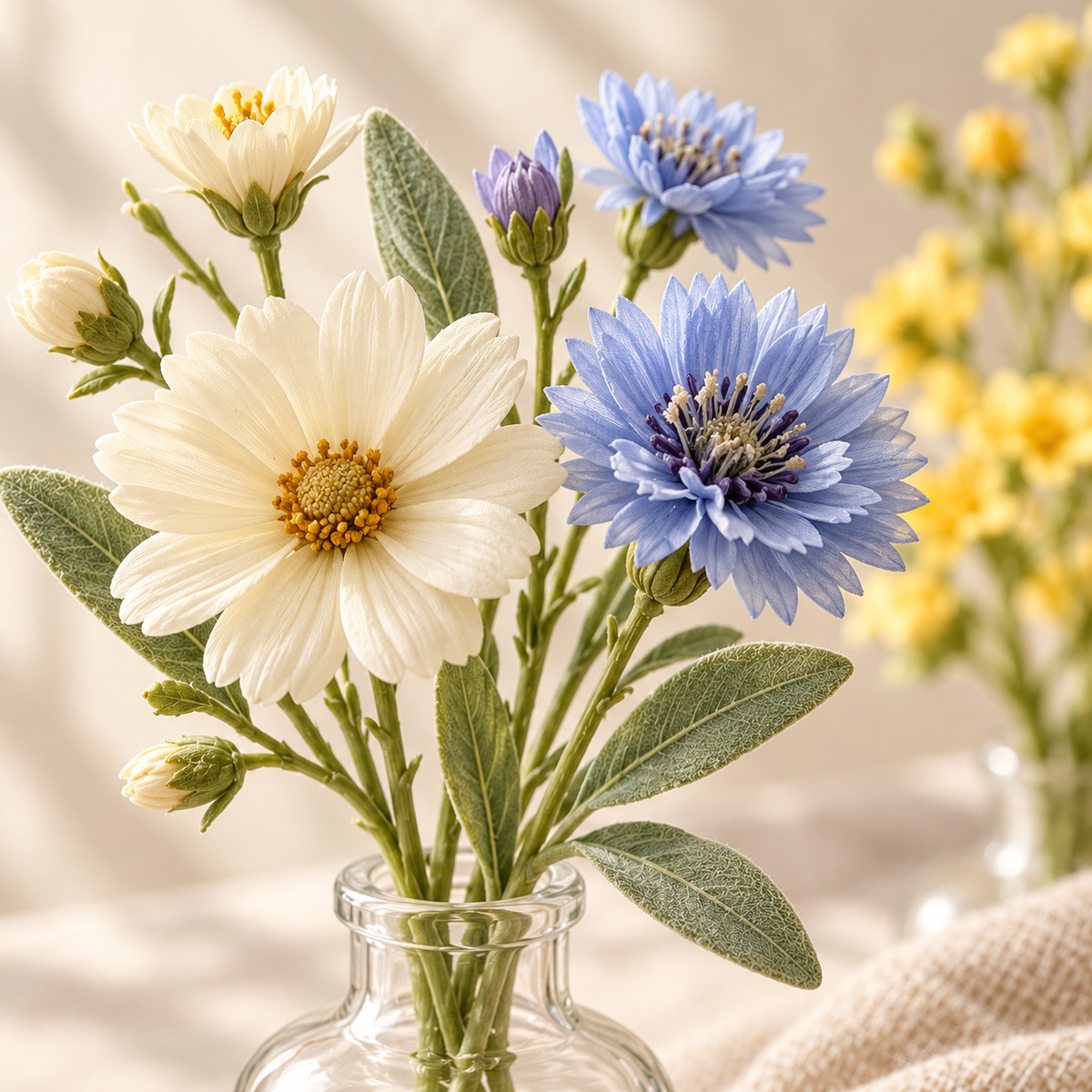bjrsjjvkts™ Meadow Notes Artificial Wildflower Bud Vase Set, 3 Mini Faux Daisy and Cornflower Arrangements, Shelf & Dining Table Decor
