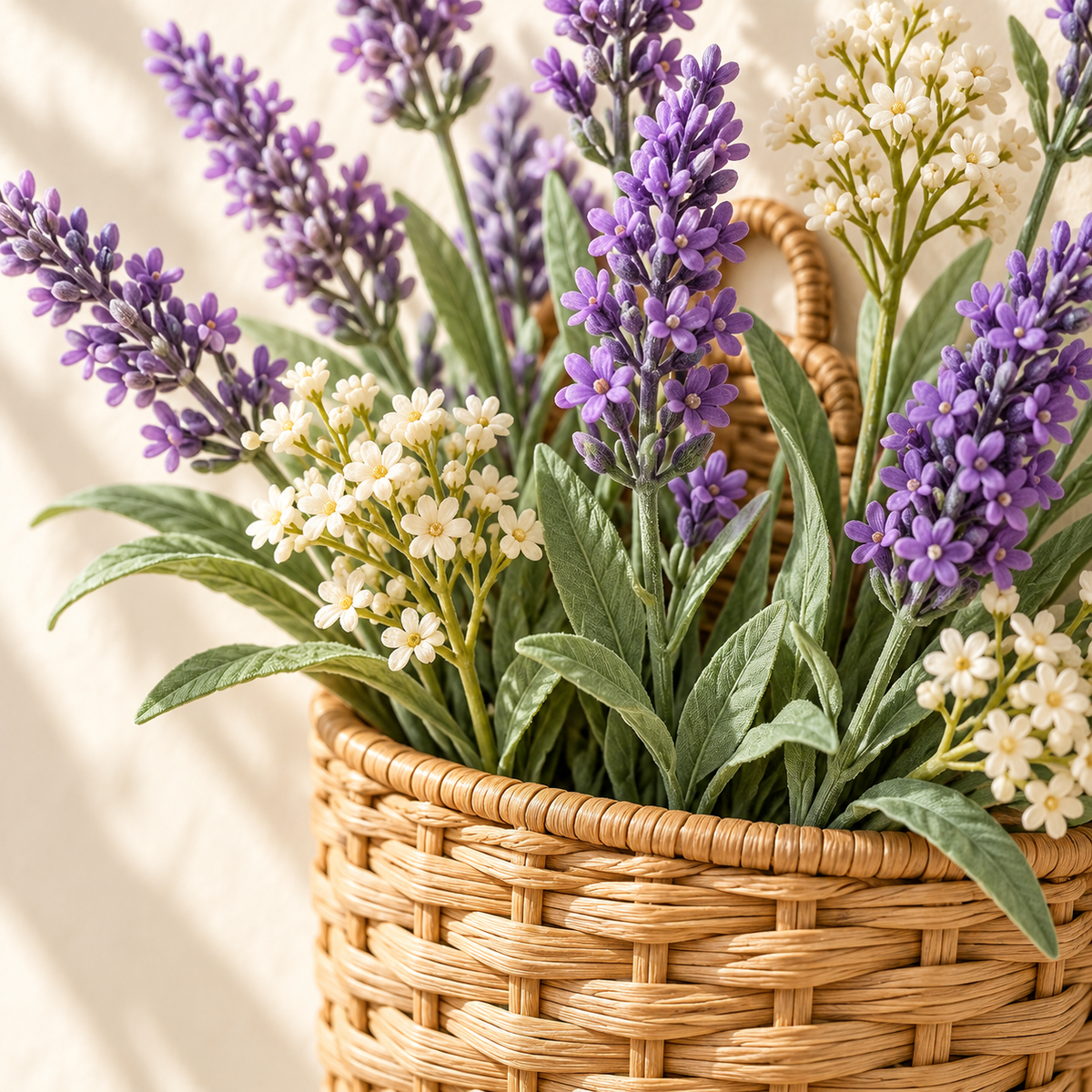 bjrsjjvkts™ Lavender Letter Artificial Lavender Wall Basket, Purple Faux Flowers in Woven Hanging Pocket, Indoor Entryway & Kitchen Decor