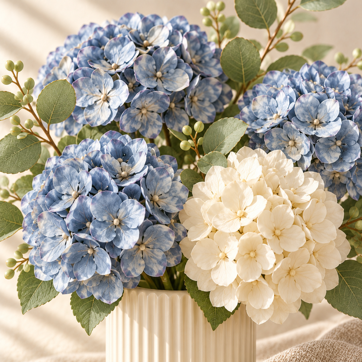 bjrsjjvkts™ Blue Hour Artificial Hydrangea Arrangement in Ceramic Vase, Dusty Blue & Ivory Faux Flowers, Indoor Coffee Table Centerpiece