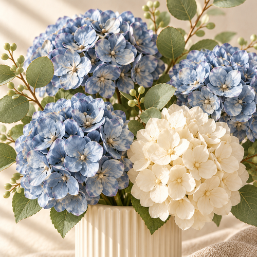 bjrsjjvkts™ Blue Hour Artificial Hydrangea Arrangement in Ceramic Vase, Dusty Blue & Ivory Faux Flowers, Indoor Coffee Table Centerpiece