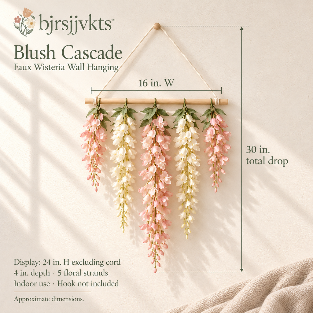 bjrsjjvkts™ Blush Cascade Artificial Wisteria Wall Hanging, Pink & Ivory Trailing Faux Flowers on Wood Bar, Indoor Bedroom and Event Decor
