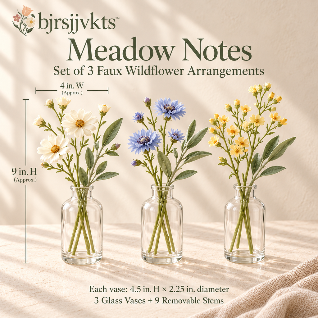 bjrsjjvkts™ Meadow Notes Artificial Wildflower Bud Vase Set, 3 Mini Faux Daisy and Cornflower Arrangements, Shelf & Dining Table Decor