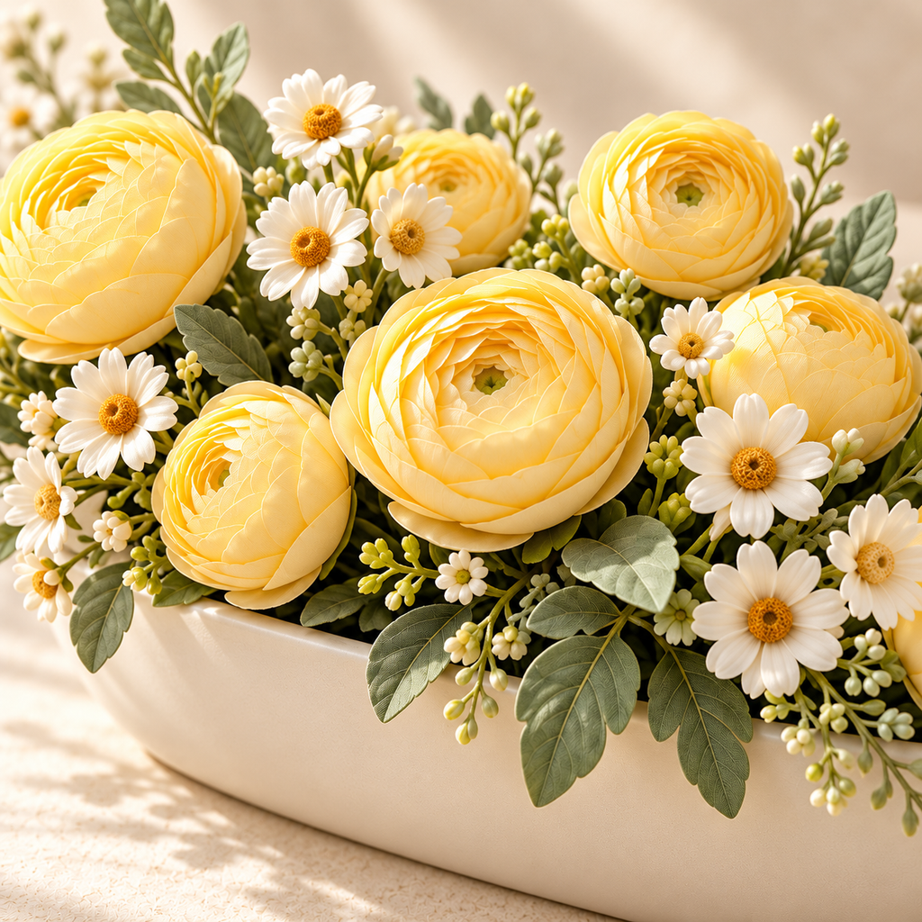 bjrsjjvkts™ Buttercup Table Artificial Ranunculus & Daisy Centerpiece, Yellow and Ivory Faux Flowers in Oval Planter, Dining Table Decor