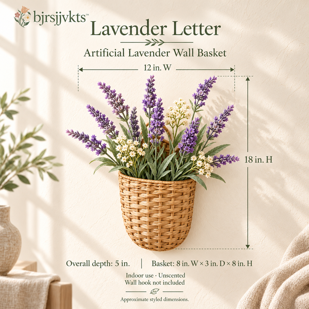 bjrsjjvkts™ Lavender Letter Artificial Lavender Wall Basket, Purple Faux Flowers in Woven Hanging Pocket, Indoor Entryway & Kitchen Decor