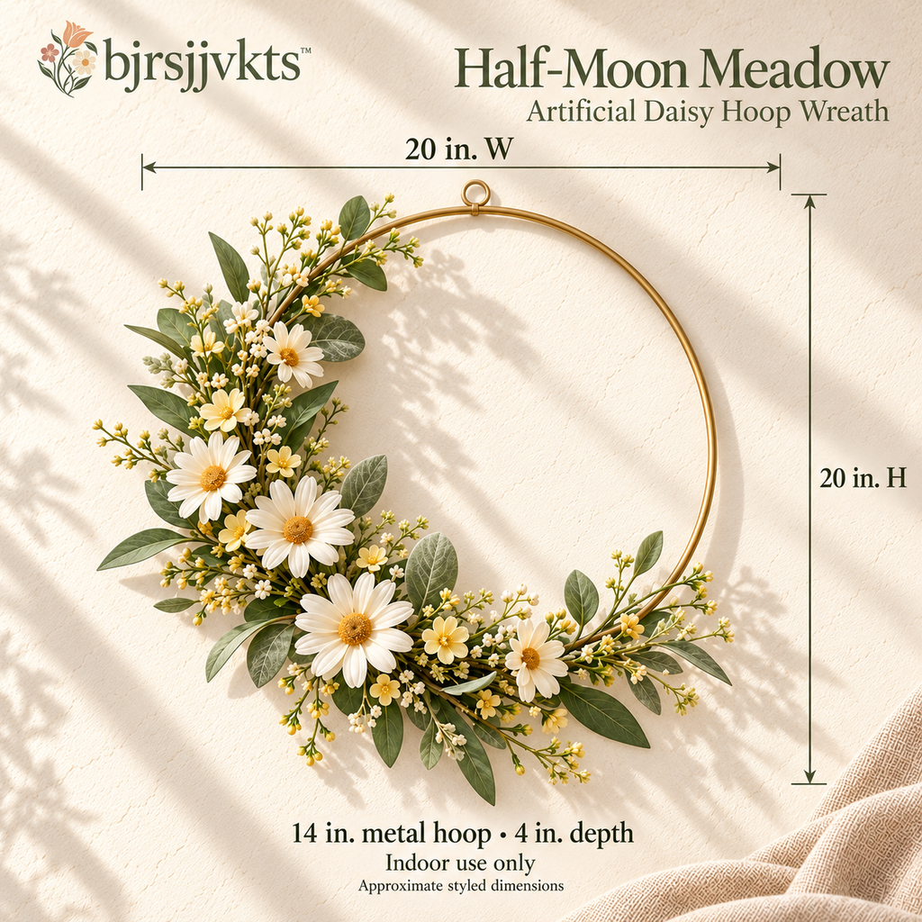 bjrsjjvkts™ Half-Moon Meadow Artificial Daisy Wreath, 20-Inch Asymmetrical Floral Hoop, Ivory Wildflowers & Sage Greenery Wall Decor