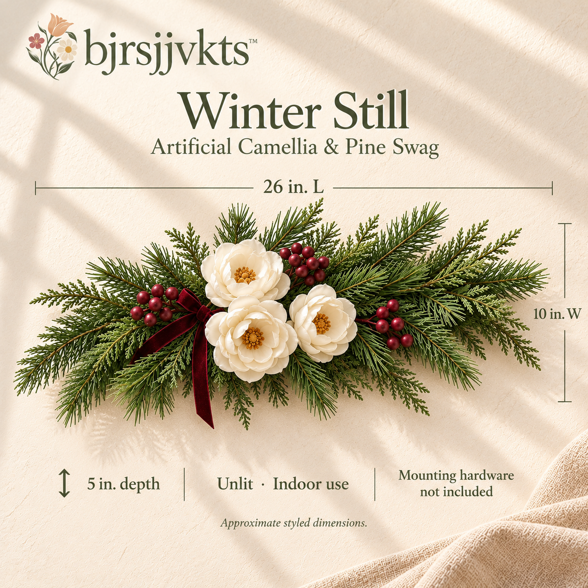 bjrsjjvkts™ Winter Still Artificial Camellia & Pine Swag, 26-Inch Ivory Floral Wall and Mantel Accent, Burgundy Winter Holiday Decor