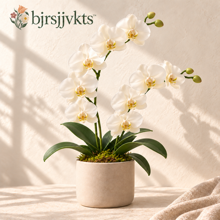 bjrsjjvkts™ Quiet Orchid Artificial Phalaenopsis Arrangement, White Double-Stem Faux Orchid in Ceramic Pot, Desk & Console Table Decor
