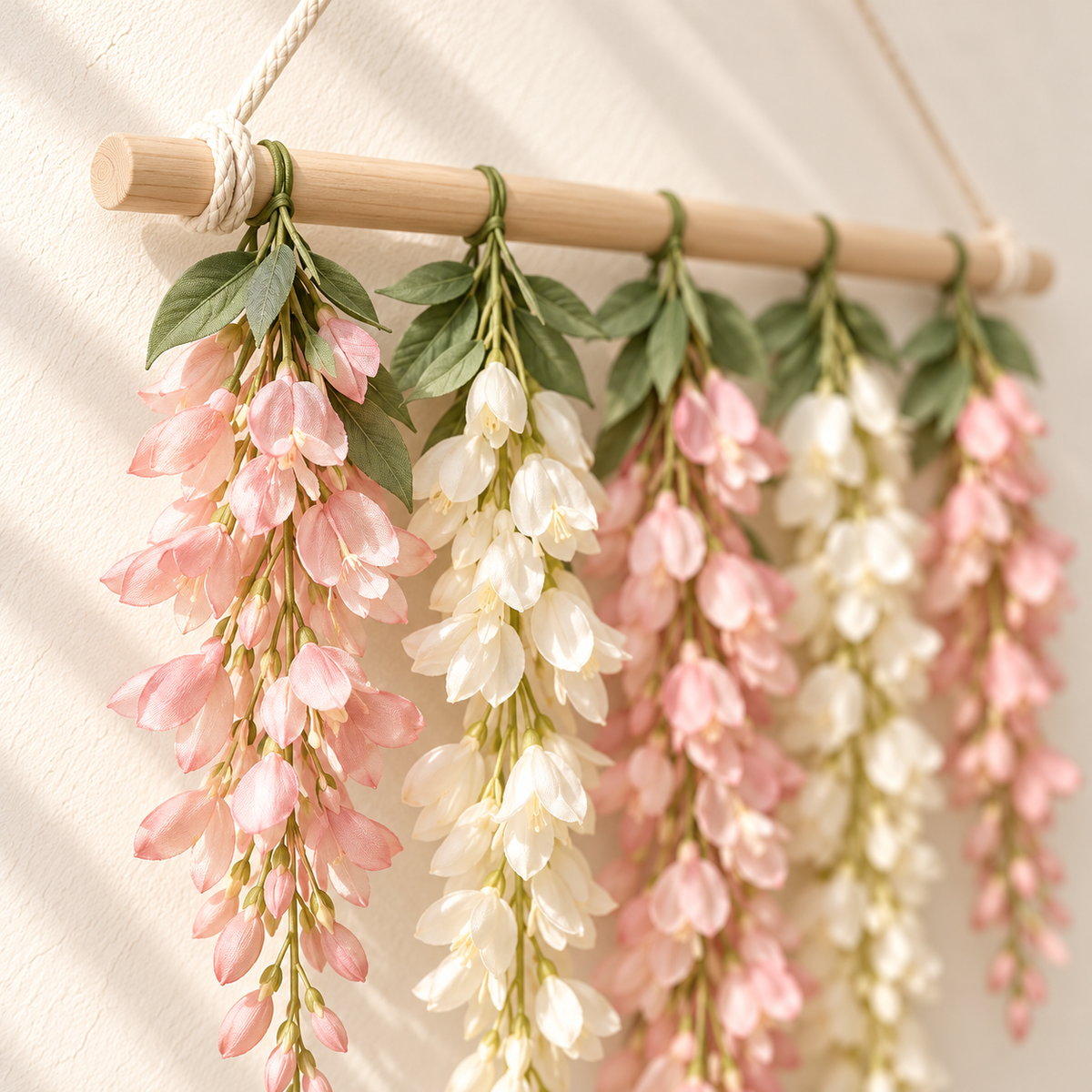 bjrsjjvkts™ Blush Cascade Artificial Wisteria Wall Hanging, Pink & Ivory Trailing Faux Flowers on Wood Bar, Indoor Bedroom and Event Decor