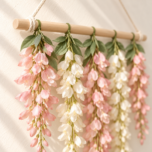 bjrsjjvkts™ Blush Cascade Artificial Wisteria Wall Hanging, Pink & Ivory Trailing Faux Flowers on Wood Bar, Indoor Bedroom and Event Decor