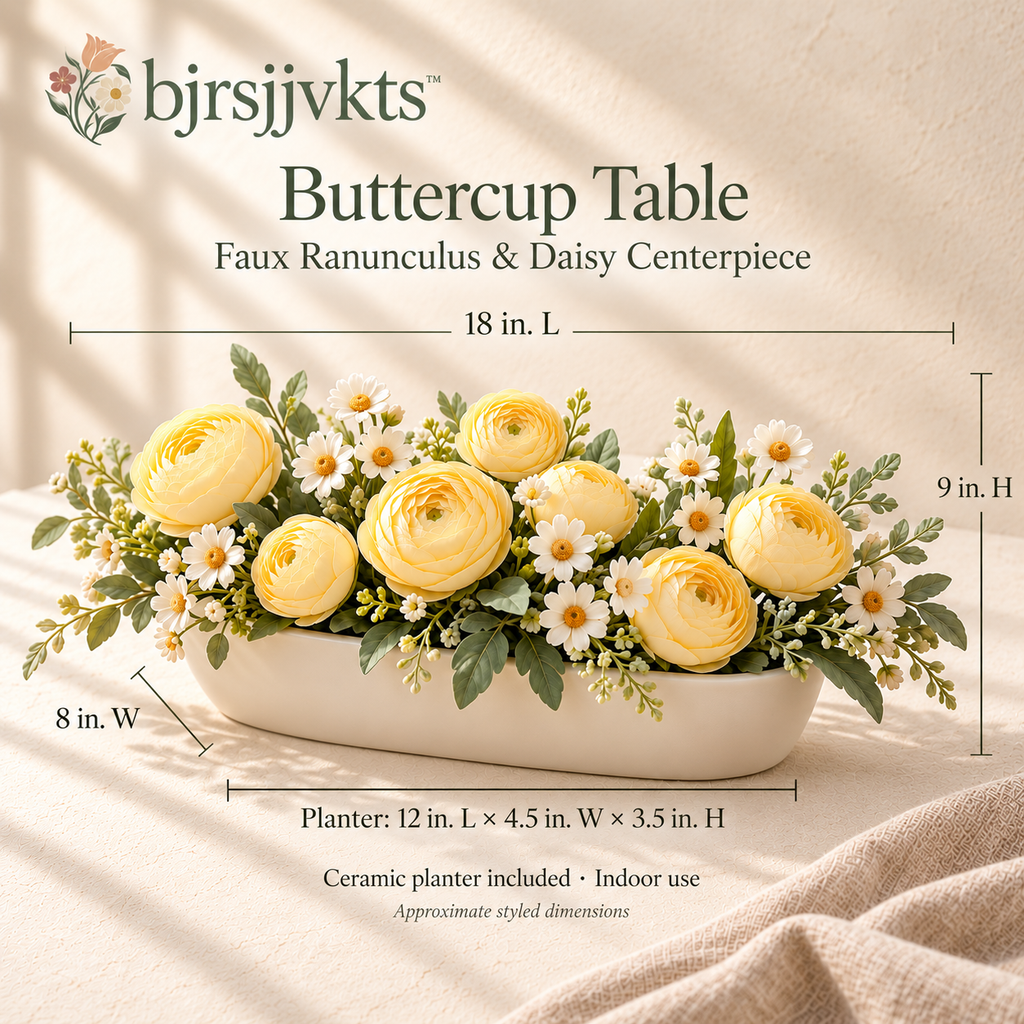 bjrsjjvkts™ Buttercup Table Artificial Ranunculus & Daisy Centerpiece, Yellow and Ivory Faux Flowers in Oval Planter, Dining Table Decor