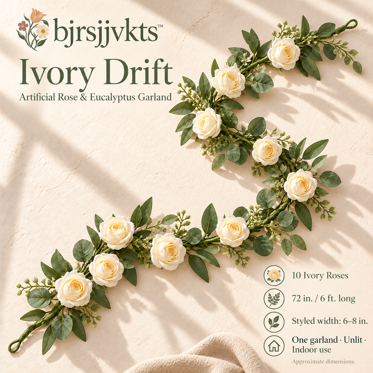 bjrsjjvkts™ Ivory Drift Artificial Rose & Eucalyptus Garland, 6-Foot Faux Floral Table Runner, Mantel and Indoor Event Decor