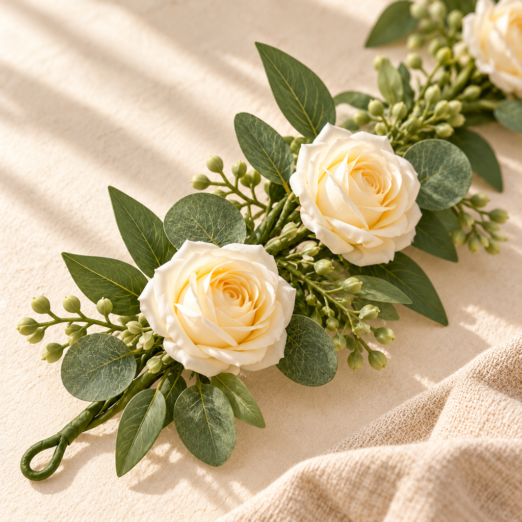 bjrsjjvkts™ Ivory Drift Artificial Rose & Eucalyptus Garland, 6-Foot Faux Floral Table Runner, Mantel and Indoor Event Decor