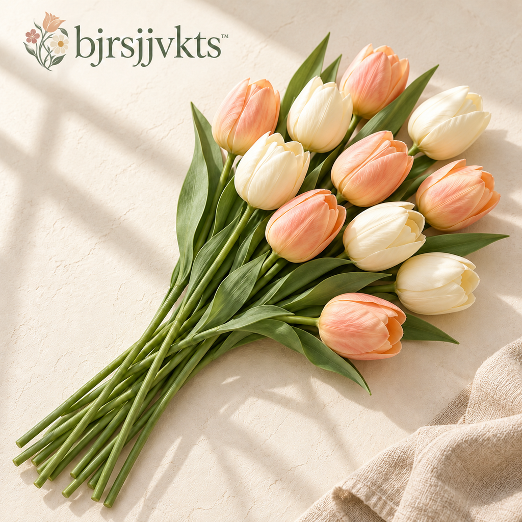 bjrsjjvkts™ Apricot Daybreak Artificial Tulip Bouquet, 12 Faux Flower Stems, Peach & Cream Spring Table and Shelf Decor