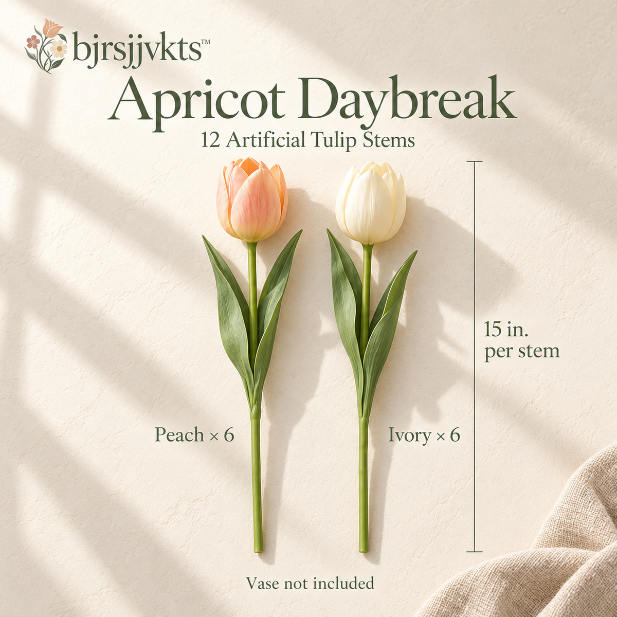 bjrsjjvkts™ Apricot Daybreak Artificial Tulip Bouquet, 12 Faux Flower Stems, Peach & Cream Spring Table and Shelf Decor
