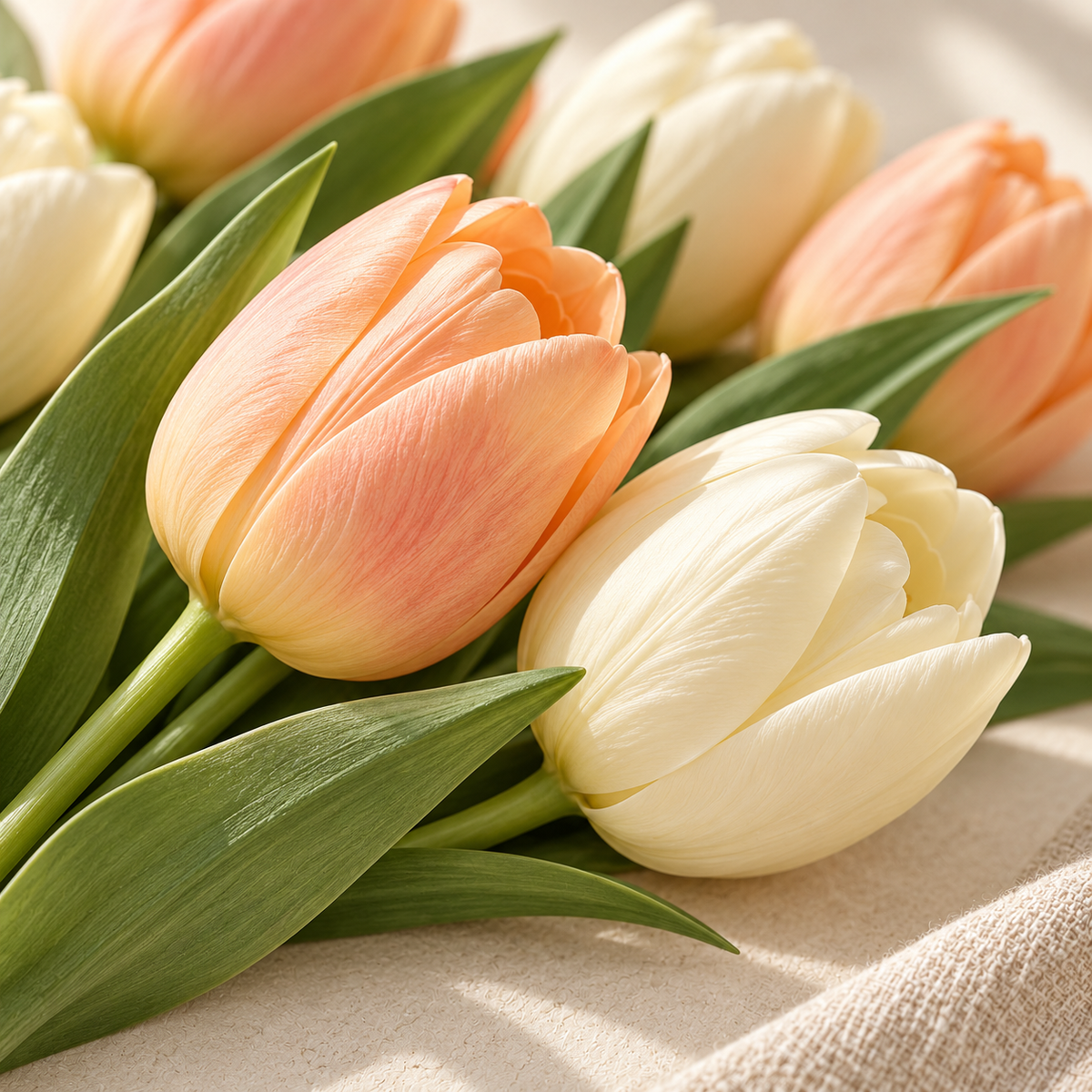 bjrsjjvkts™ Apricot Daybreak Artificial Tulip Bouquet, 12 Faux Flower Stems, Peach & Cream Spring Table and Shelf Decor